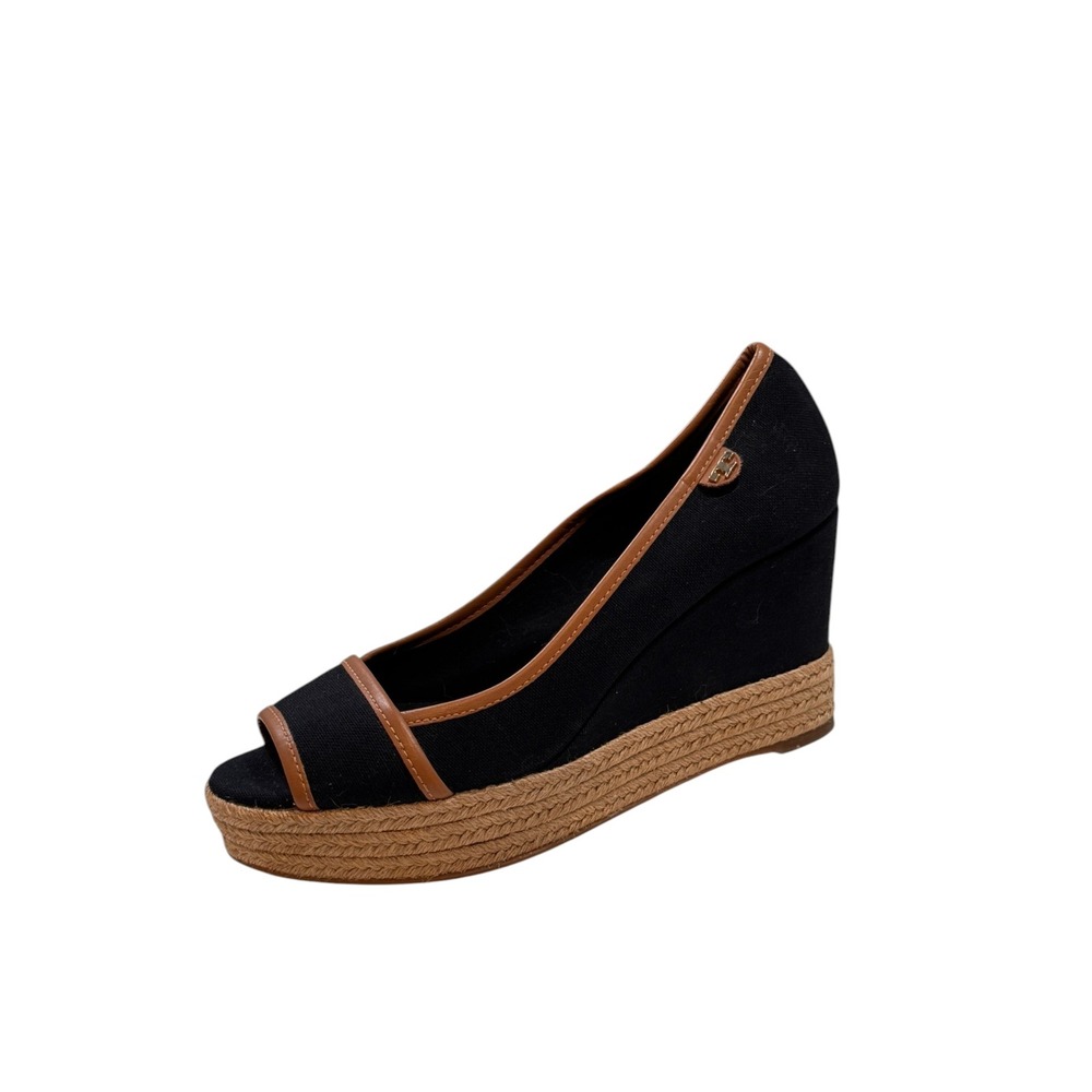 Tory Burch Majorca Espadrille Wedge Peep Toe Canvas Black/Tan‎ EU 37.5 US 7